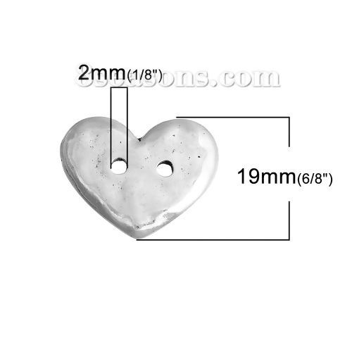 Picture of Zinc Based Alloy Hammered Metal Sewing Buttons Heart Antique Silver Color 2 Holes 19mm( 6/8") x 16mm( 5/8"), 20 PCs