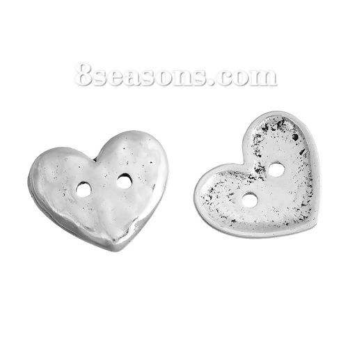 Picture of Zinc Based Alloy Hammered Metal Sewing Buttons Heart Antique Silver Color 2 Holes 19mm( 6/8") x 16mm( 5/8"), 20 PCs