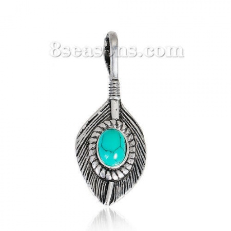 Imagen de Latón Colgantes Pluma Plata Antigua Cabochon Ajustes Imitación de turquesa (Apta 7.5mm x5.5mm) 37mm x 15mm, 2 Unidades