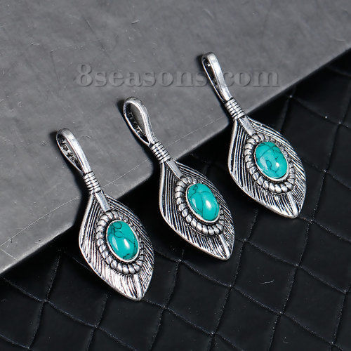 Picture of Brass Pendants Feather Antique Silver Color Imitation Turquoise 37mm(1 4/8") x 15mm( 5/8"), 2 PCs                                                                                                                                                             