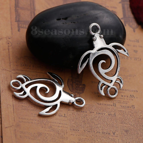 Picture of Ocean Jewelry Zinc Based Alloy Boho Chic Connectors Findings Tortoise Antique Silver Color Hollow 37mm x 28mm, 20 PCs