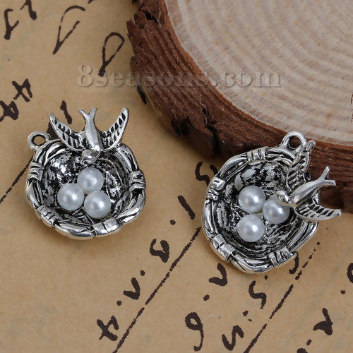 Picture of Zinc Based Alloy Charms Bird Nest Antique Silver Color White Inlaid Acrylic Imitation Pearl Swallow Carved 23mm( 7/8") x 22mm( 7/8"), 5 PCs