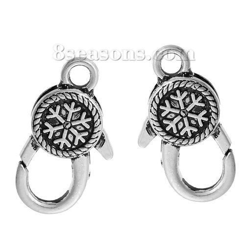 Picture of Zinc Based Alloy Lobster Clasp Findings Antique Silver Color Christmas Snowflake Carved 25mm x 14mm, 5 PCs