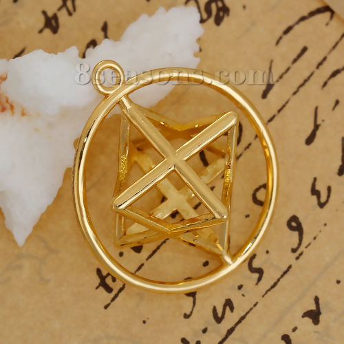 Image de Pendentif Merkaba Méditation en Laiton Rond Creux Doré 40mm x 35mm, 1 Pièce