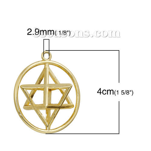 Image de Pendentif Merkaba Méditation en Laiton Rond Creux Doré 40mm x 35mm, 1 Pièce