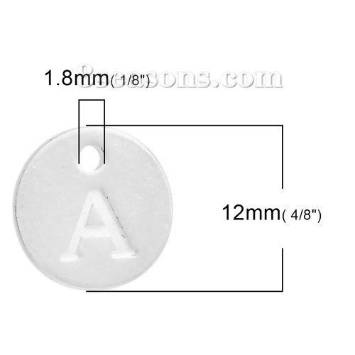 Immagine di Lega di Zinco Charms Tondo Argento Placcato Iniziale Lettera " A " 12mm Dia, 20 Pz