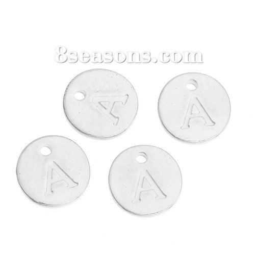 Immagine di Lega di Zinco Charms Tondo Argento Placcato Iniziale Lettera " A " 12mm Dia, 20 Pz