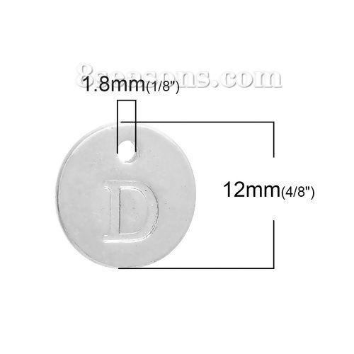 Immagine di Lega di Zinco Charms Tondo Argento Placcato Iniziale Lettera " D " 12mm Dia, 20 Pz