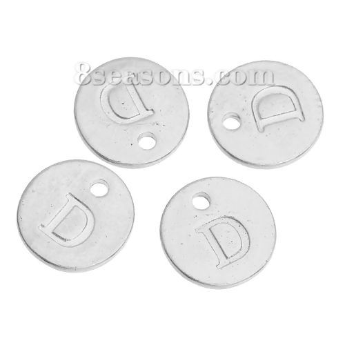 Immagine di Lega di Zinco Charms Tondo Argento Placcato Iniziale Lettera " D " 12mm Dia, 20 Pz