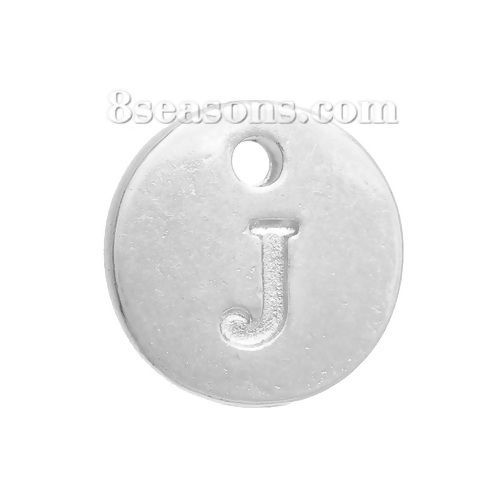 Immagine di Lega di Zinco Charms Tondo Argento Placcato Iniziale Lettera " J " 12mm Dia, 20 Pz