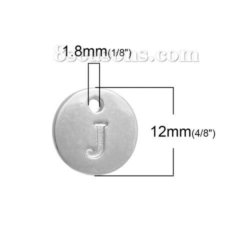 Immagine di Lega di Zinco Charms Tondo Argento Placcato Iniziale Lettera " J " 12mm Dia, 20 Pz