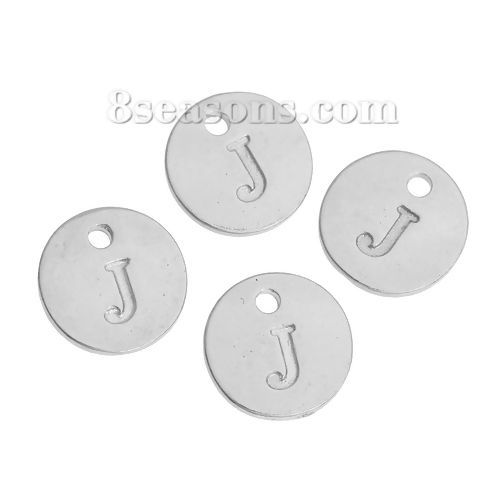 Immagine di Lega di Zinco Charms Tondo Argento Placcato Iniziale Lettera " J " 12mm Dia, 20 Pz