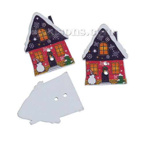 Immagine di Legno Bottone da Cucire Scrapbook Due Fori Natale Casa di Villaggio Multicolore Fantoccio di Neve Disegno 32mm x 24mm, 30 Pz