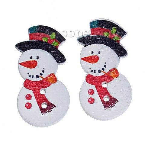 ウッド ボタン クリスマス雪だるま 白×赤 2つ穴 帽子柄 36mm x 18mm、 30 個 の画像