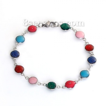 304 Stainless Steel Bracelets Silver Tone Round Enamel Glitter 21cm(8 2/8") long, 1 Piece