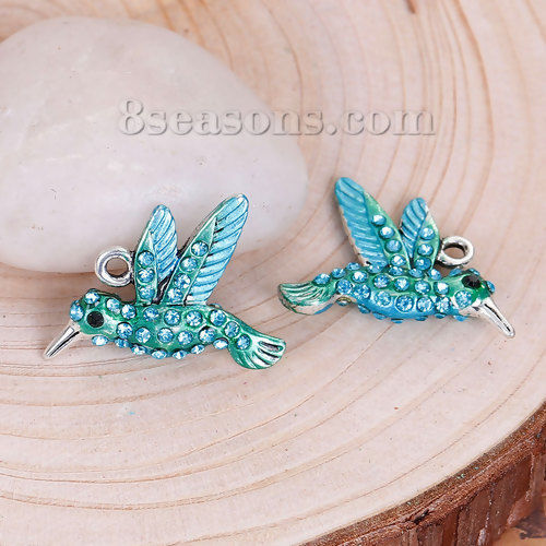 Picture of Zinc Based Alloy Charms Hummingbird Antique Silver Color Green Blue Rhinestone Enamel 27mm(1 1/8") x 21mm( 7/8"), 1 Piece