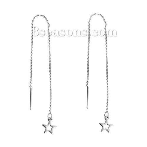 Picture of 304 Stainless Steel Stylish Ear Thread Threader Earrings Silver Tone Pentagram Star 10cm, Post/ Wire Size: (21 gauge), 1 Pair