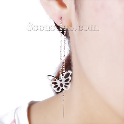 Picture of 304 Stainless Steel Stylish Ear Thread Threader Earrings Silver Tone Butterfly Animal 10cm, Post/ Wire Size: (21 gauge), 1 Pair