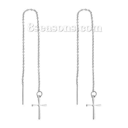 Picture of 304 Stainless Steel Stylish Ear Thread Threader Earrings Silver Tone Cross 10cm, Post/ Wire Size: (21 gauge), 1 Pair