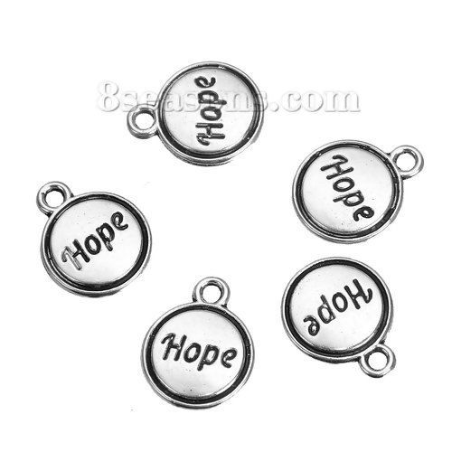 Picture of Zinc Based Alloy Charms Round Antique Silver Color Message " Hope " Carved 14mm( 4/8") x 11mm( 3/8"), 50 PCs