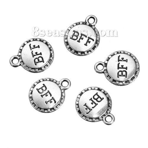 Picture of Zinc Based Alloy Charms Round Antique Silver Color Message " BFF " Carved 14mm( 4/8") x 11mm( 3/8"), 50 PCs
