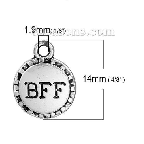 Picture of Zinc Based Alloy Charms Round Antique Silver Color Message " BFF " Carved 14mm( 4/8") x 11mm( 3/8"), 50 PCs