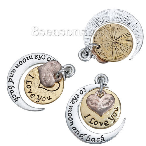 Picture of Zinc Based Alloy Charms Gold Tone Antique Gold & Antique Silver Color Two Tone Half Moon Heart Message " I Love You To The Moon And Back " 25mm x 21mm, 5 PCs