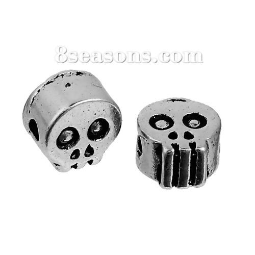 Picture of Zinc Based Alloy Halloween Spacer Beads Skull Antique Silver Color 7mm x 7mm, Hole: Approx 1.7mm, 20 PCs