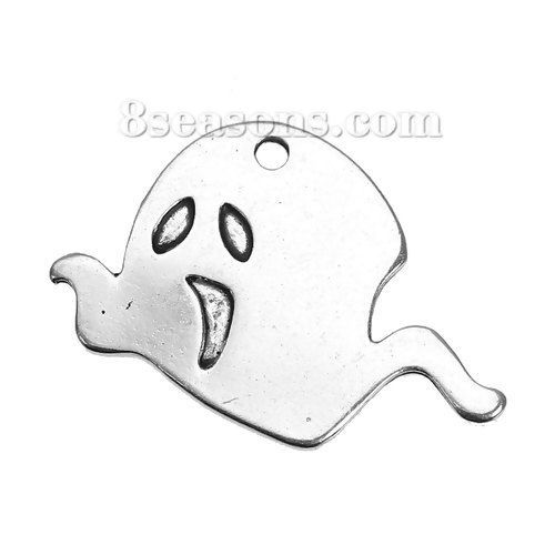 Picture of Zinc Based Alloy Halloween Charms Ghost Antique Silver Color 29mm(1 1/8") x 20mm( 6/8"), 10 PCs