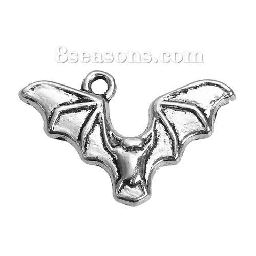 Picture of Zinc Based Alloy Halloween Charms Bat Animal Antique Silver Color Hollow 24mm(1") x 15mm( 5/8"), 50 PCs
