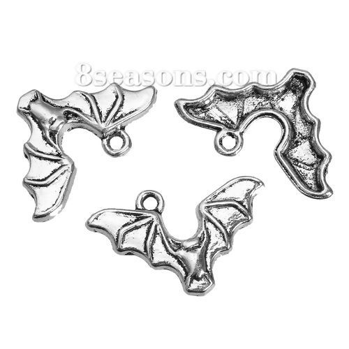 Picture of Zinc Based Alloy Halloween Charms Bat Animal Antique Silver Color Hollow 24mm(1") x 15mm( 5/8"), 50 PCs