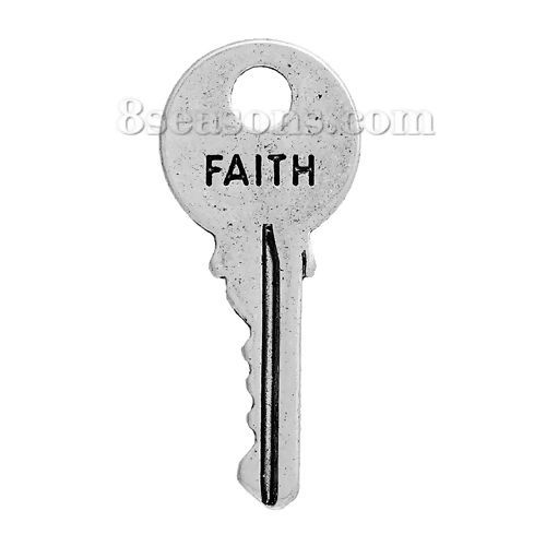 Picture of Zinc Based Alloy Charms Key Antique Silver Color Message " Faith " Carved 25mm(1") x 11mm( 3/8"), 20 PCs