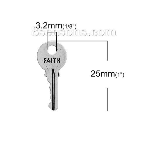 Picture of Zinc Based Alloy Charms Key Antique Silver Color Message " Faith " Carved 25mm(1") x 11mm( 3/8"), 20 PCs