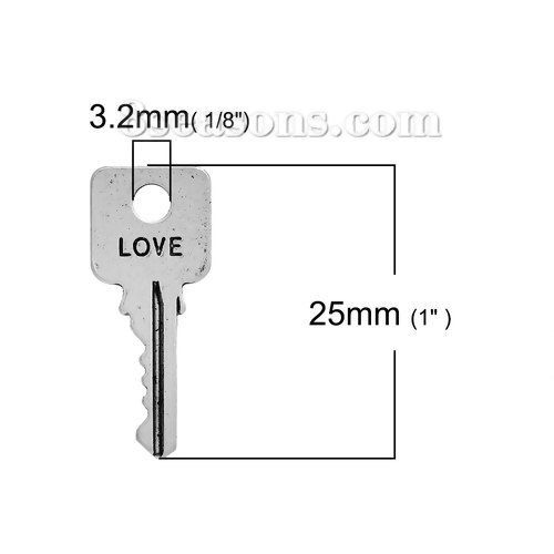 Picture of Zinc Based Alloy Charms Key Antique Silver Color Message " Love " Carved 25mm(1") x 10mm( 3/8"), 20 PCs