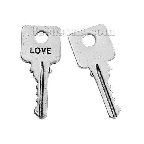 Picture of Zinc Based Alloy Charms Key Antique Silver Color Message " Love " Carved 25mm(1") x 10mm( 3/8"), 20 PCs