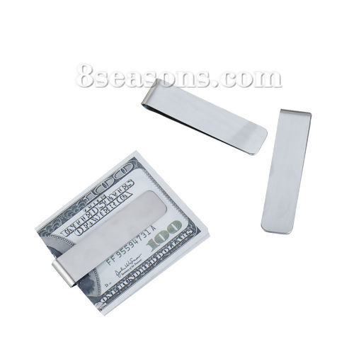 Picture of 304 Stainless Steel Money Clip Rectangle Silver Tone Blank Stamping Tags 71mm(2 6/8") x 17mm( 5/8"), 1 Piece
