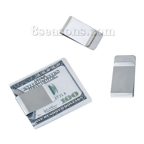 Picture of 304 Stainless Steel Money Clip Rectangle Silver Tone Blank Stamping Tags 50mm(2") x 26mm(1"), 1 Piece