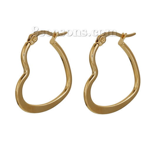 Imagen de 304 Acero Inoxidable Pendientes Círculos Chapado en Oro Corazón 29mm x 23mm, Post/ Wire Size: (20 gauge),1 Par