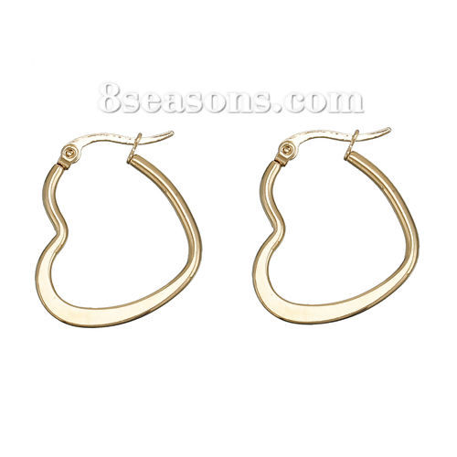Imagen de 304 Acero Inoxidable Pendientes Círculos Chapado en Oro Corazón 29mm x 23mm, Post/ Wire Size: (20 gauge),1 Par