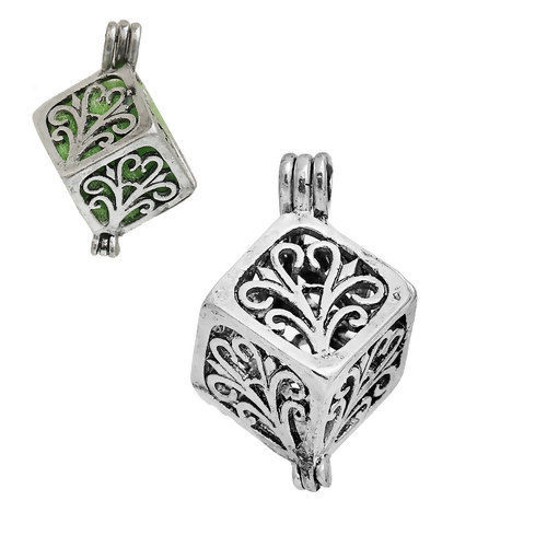 Picture of Brass Aromatherapy Essential Oil Diffuser Locket Pendants Cube Antique Silver Color Filigree Can Open (Fit 14mm Dia) 28mm x19mm(1 1/8" x 6/8") - 26mm x18mm(1" x 6/8"), 2 PCs