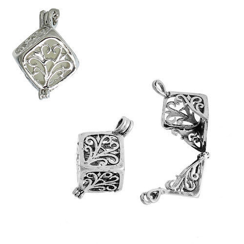 Picture of Brass Aromatherapy Essential Oil Diffuser Locket Pendants Cube Antique Silver Color Filigree Can Open (Fit 14mm Dia) 28mm x19mm(1 1/8" x 6/8") - 26mm x18mm(1" x 6/8"), 2 PCs