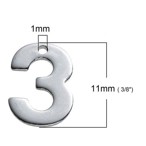 Immagine di 304 Acciaio Inossidabile Charms Tono Argento Numero " 3 " 11mm x 8mm , 30 Pz