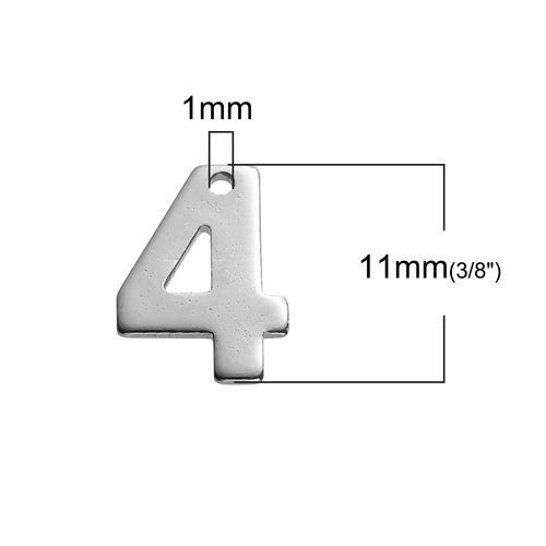 Immagine di 304 Acciaio Inossidabile Charms Tono Argento Numero " 4 " 11mm x 8mm , 30 Pz