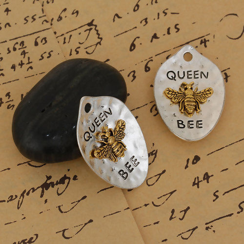 Picture of Zinc Based Alloy Insect Pendants Gold Tone Antique Gold & Antique Silver Color Two Tone Drop Bee Message " Queen Bee " 43mm x 29mm, 3 PCs