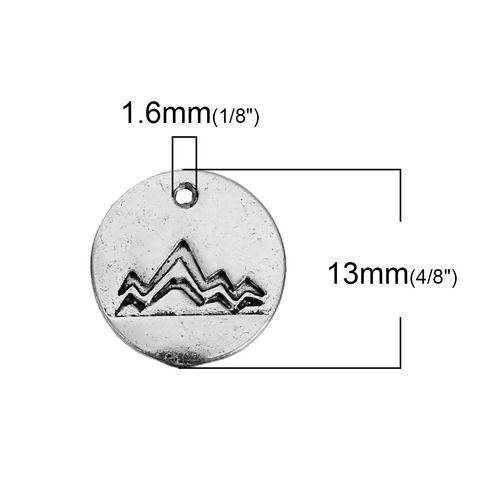 Picture of Zinc Based Alloy Charms Round Antique Silver Color Travel Mountain 13mm( 4/8") Dia, 20 PCs