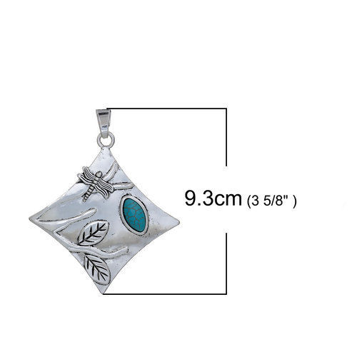 Picture of Zinc Based Alloy Boho Chic Pendants Rhombus Antique Silver Color Blue Dragonfly Imitation Turquoise 93mm(3 5/8") x 74mm(2 7/8"), 1 Piece