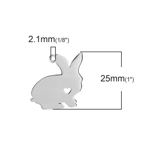 Picture of 304 Stainless Steel Easter Pet Silhouette Charms Rabbit Animal Silver Tone The Rabbit Has My Heart 25mm(1") x 23mm( 7/8"), 2 PCs