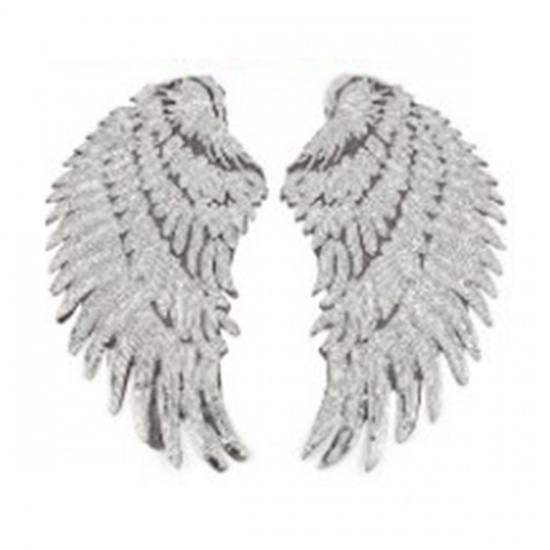 Picture of Polyester Appliques DIY Scrapbooking Craft Wing Silver Wing Pattern Sequins 33cm(13") x 18cm(7 1/8"), 1 Pair