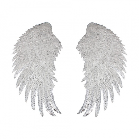 Picture of Polyester Appliques DIY Scrapbooking Craft Wing Silver Wing Pattern Sequins 33cm(13") x 18cm(7 1/8"), 1 Pair