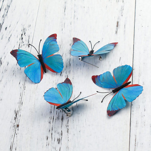 Image de Broche Epingle Papillon Éthéré en Textile Bleu Argent Mat 60mm x 50mm, 1 Pièce